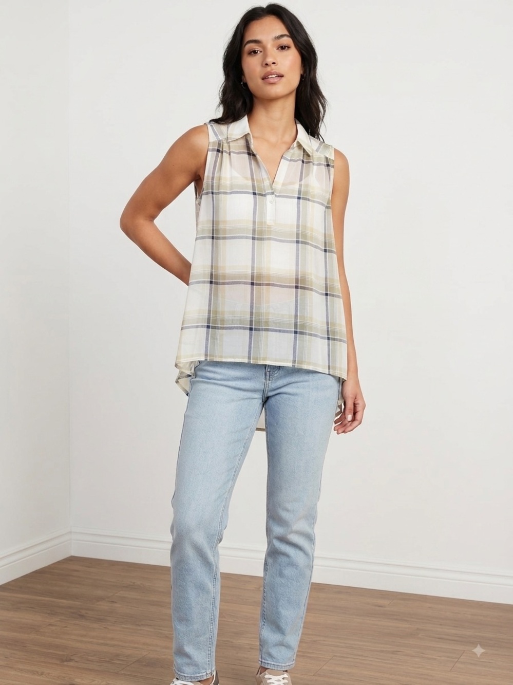 Canyon River Blues Sheer Sleeveless Plaid Popover
